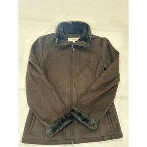 Liz Clairborne Womens Brown Suede Zip Up Jacket With Fur Trimming & lining, Sz M